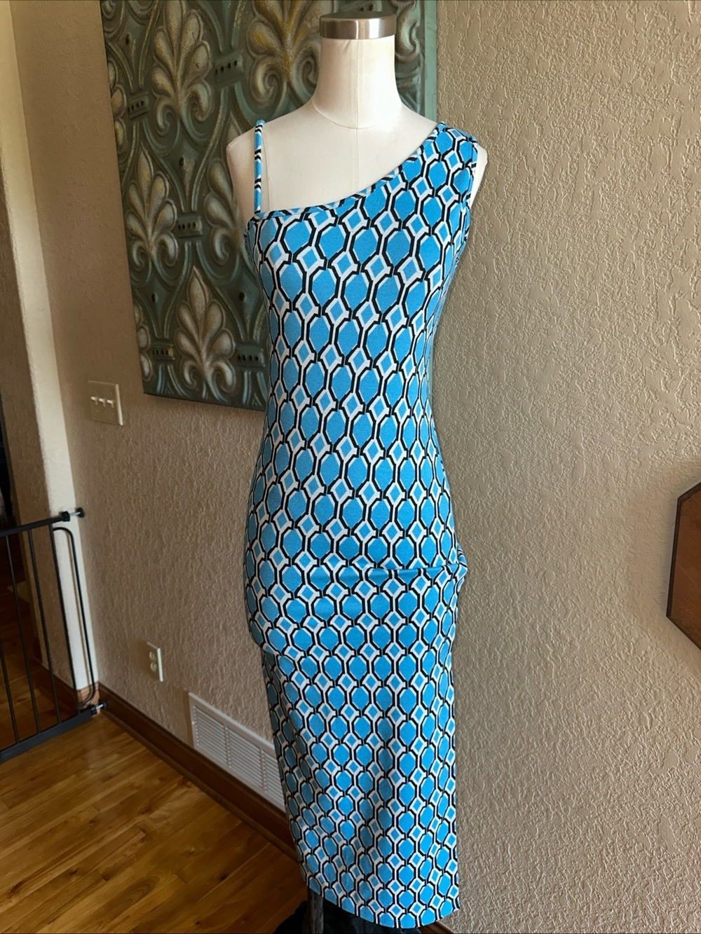 Forever 21 XS Blue Geometric Bodycon Maxi Dress Asymmetrical Neck Stretch Y2K